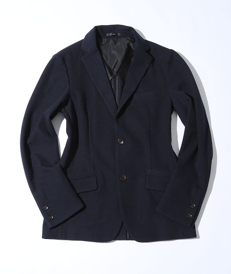 カジュアルデート服3点コーデセット ネイビーストレッチテーラードジャケット×白バンドカラー長袖シャツ×グレースリムストレッチチノパン biz