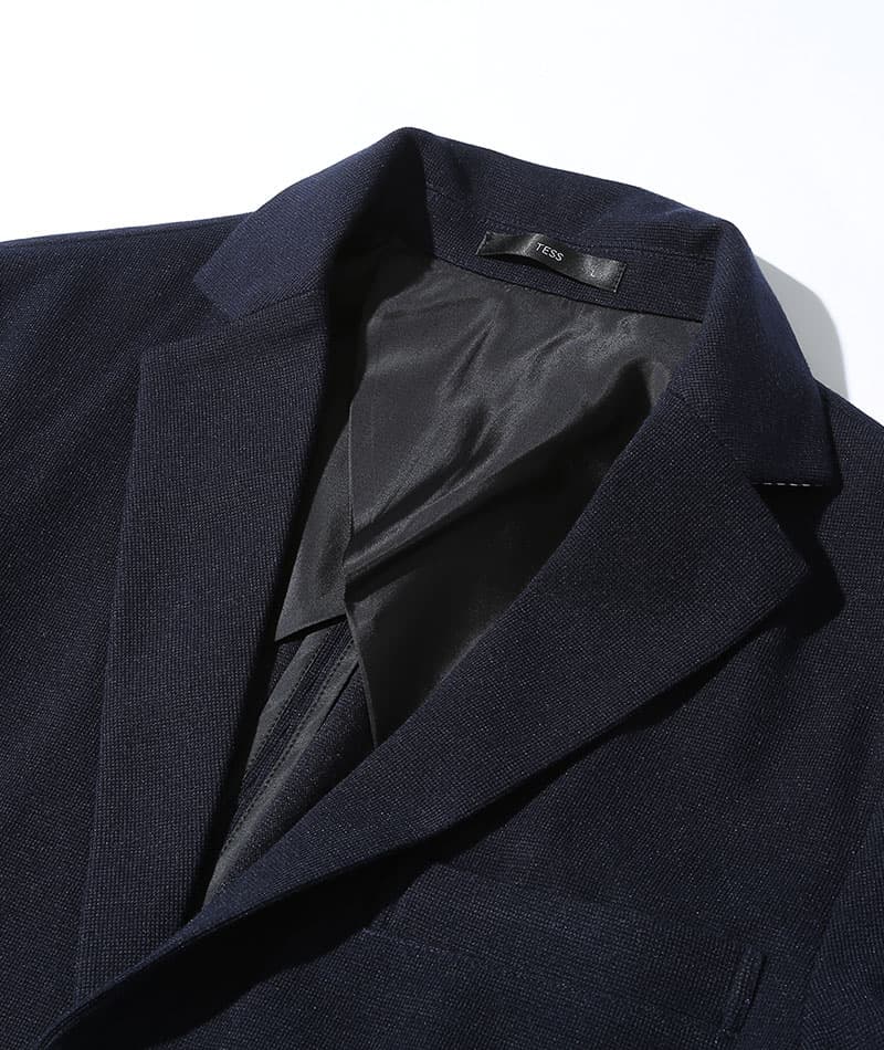 カジュアルデート服3点コーデセット ネイビーストレッチテーラードジャケット×白バンドカラー長袖シャツ×グレースリムストレッチチノパン biz