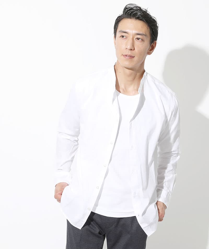 カジュアルデート服3点コーデセット ネイビーストレッチテーラードジャケット×白バンドカラー長袖シャツ×グレースリムストレッチチノパン biz