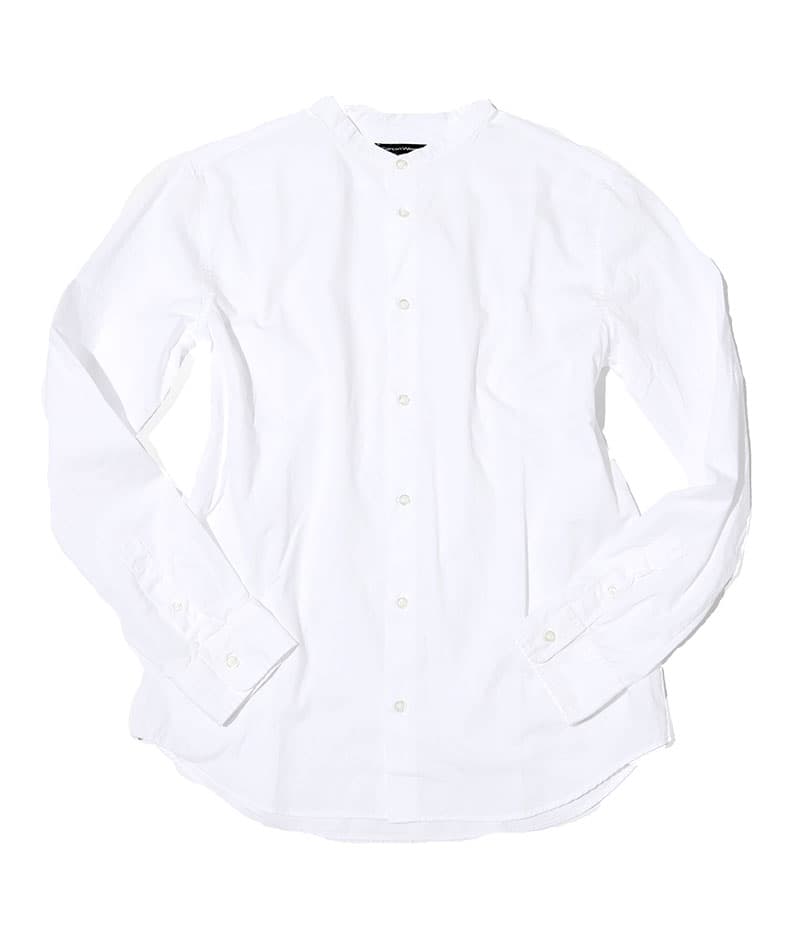 カジュアルデート服3点コーデセット ネイビーストレッチテーラードジャケット×白バンドカラー長袖シャツ×グレースリムストレッチチノパン biz