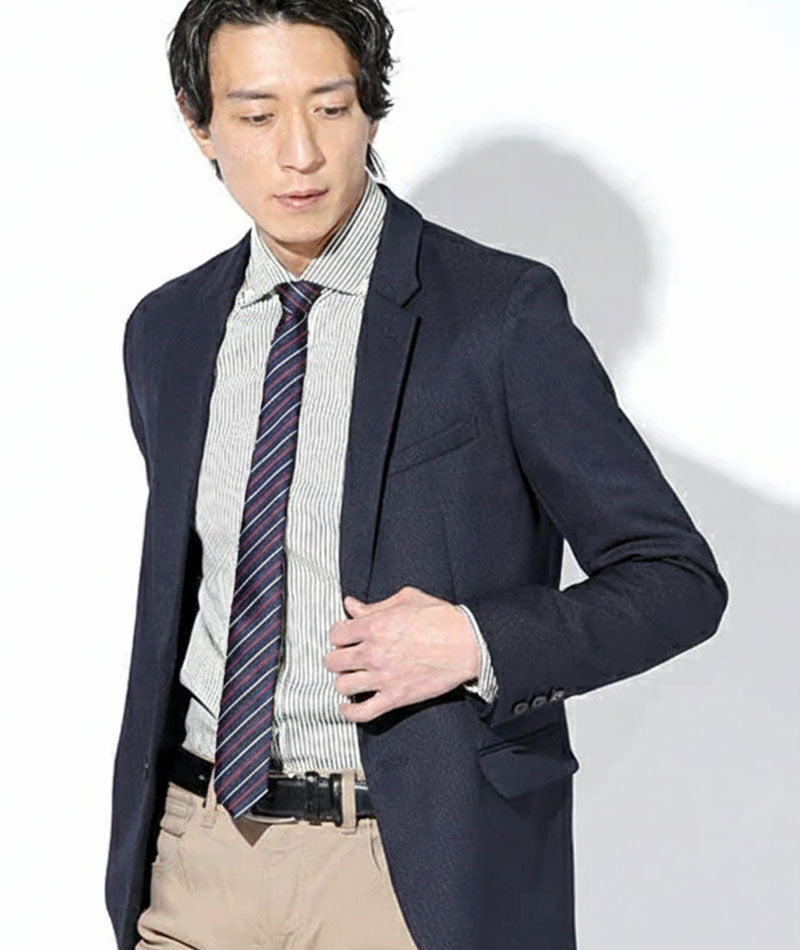 ジャケパン3点コーデセット ネイビー織柄テーラードジャケット×白ラインデザイン形態安定長袖シャツ×グレースラックス biz