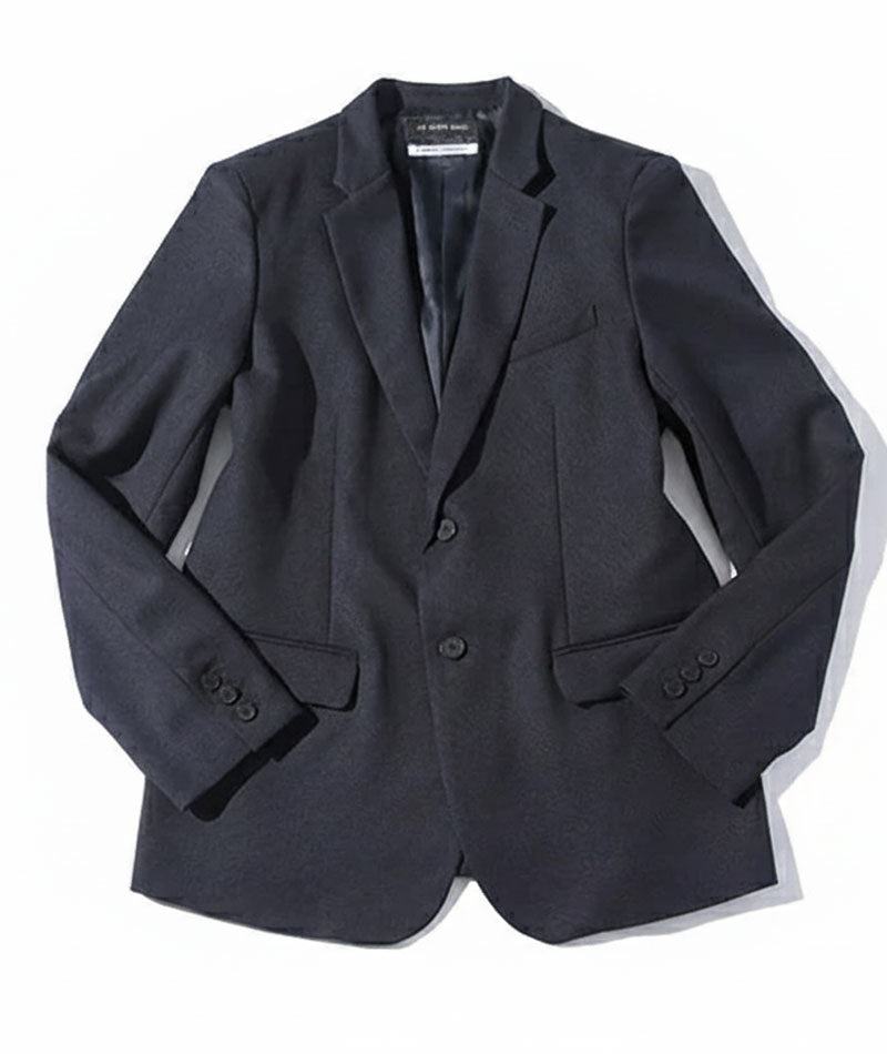 ジャケパン3点コーデセット ネイビー織柄テーラードジャケット×白ラインデザイン形態安定長袖シャツ×グレースラックス biz