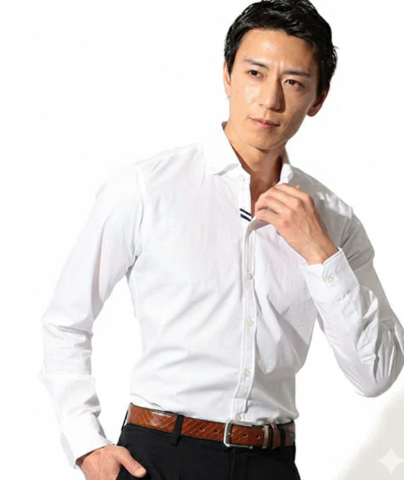 ジャケパン3点コーデセット ネイビー織柄テーラードジャケット×白ラインデザイン形態安定長袖シャツ×グレースラックス biz