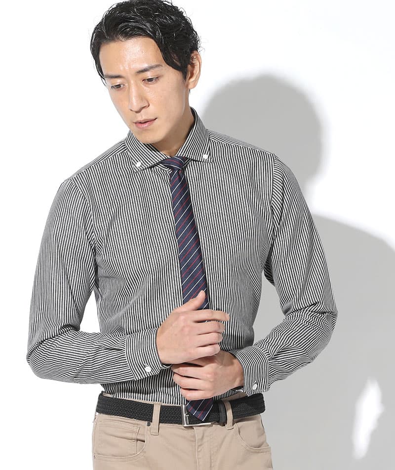 ジャケパン3点コーデセット ネイビーウォッシャブルテーラードジャケット×黒ヒッコリーストライプデニム長袖シャツ×黒ストレッチスリムチノパン biz