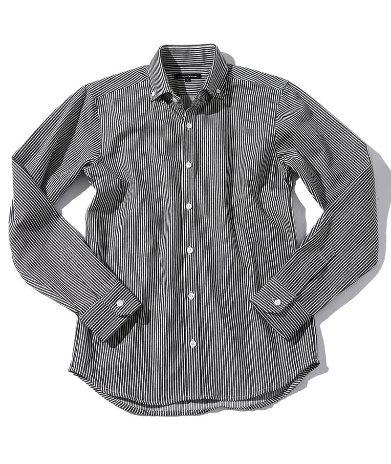 ジャケパン3点コーデセット ネイビーウォッシャブルテーラードジャケット×黒ヒッコリーストライプデニム長袖シャツ×黒ストレッチスリムチノパン biz