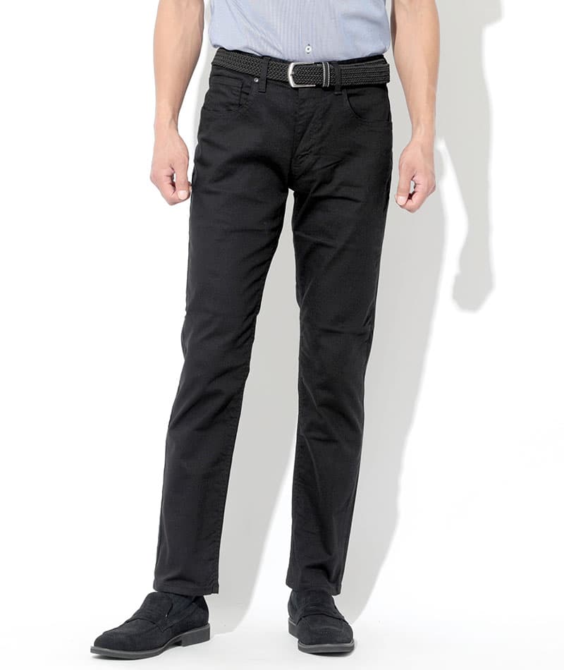 ジャケパン3点コーデセット ネイビーウォッシャブルテーラードジャケット×黒ヒッコリーストライプデニム長袖シャツ×黒ストレッチスリムチノパン biz