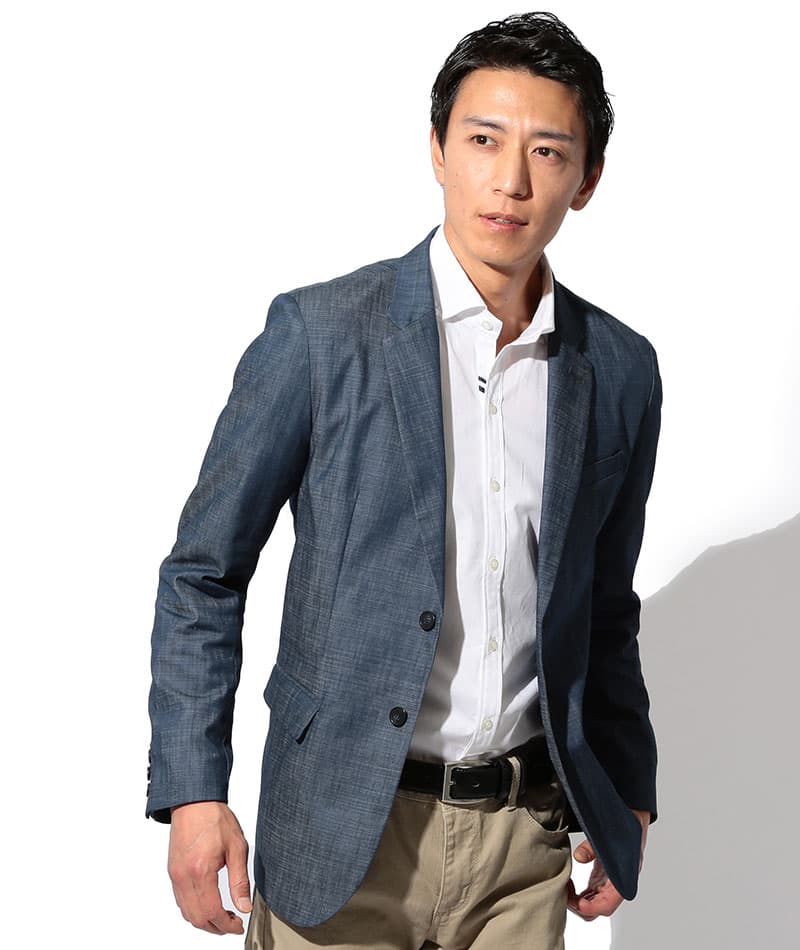 40代メンズ3点コーデセット ストレッチデニムテーラードジャケット×白厚手半袖Tシャツ×黒ストレッチスリムチノパンツ biz