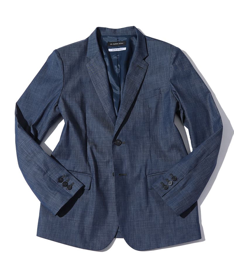 40代メンズ3点コーデセット ストレッチデニムテーラードジャケット×白厚手半袖Tシャツ×黒ストレッチスリムチノパンツ biz