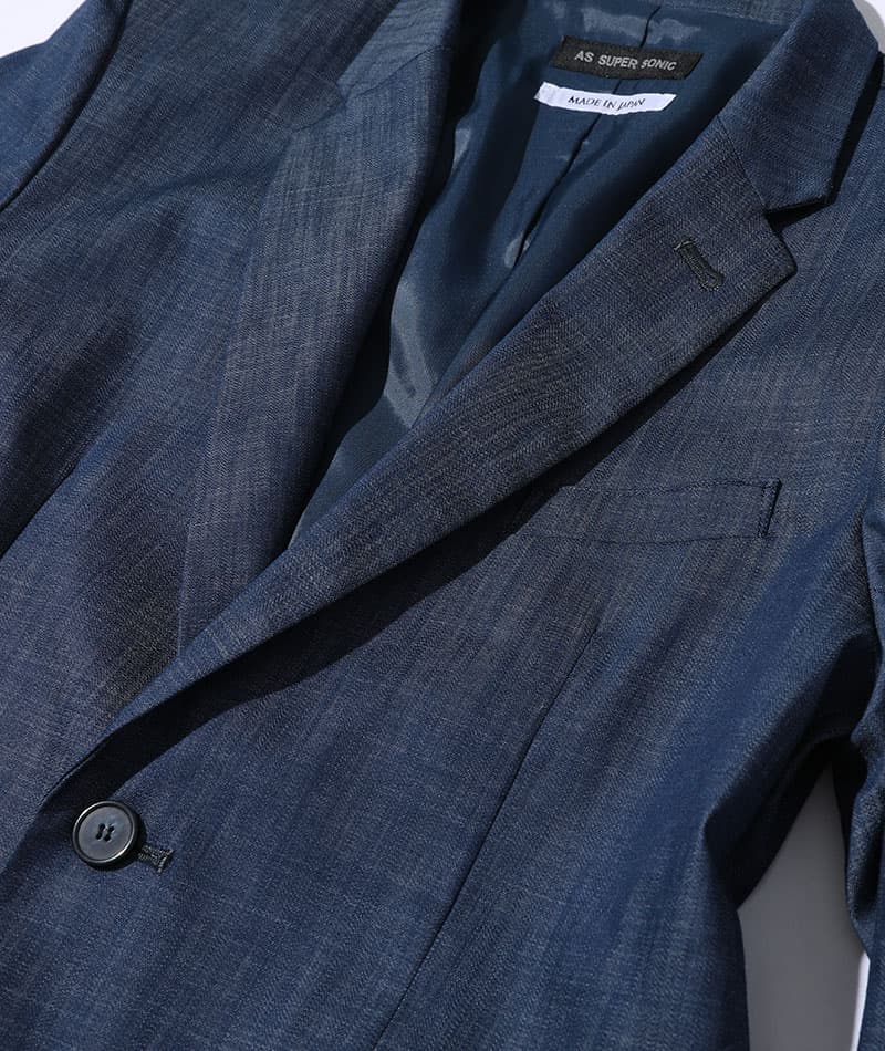 40代メンズ3点コーデセット ストレッチデニムテーラードジャケット×白厚手半袖Tシャツ×黒ストレッチスリムチノパンツ biz