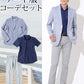 スマートカジュアルデート服3点コーデセット ブルーリネンテーラードジャケット×ネイビーシャツ型半袖ポロシャツ×グレーストレッチスリムチノパン biz