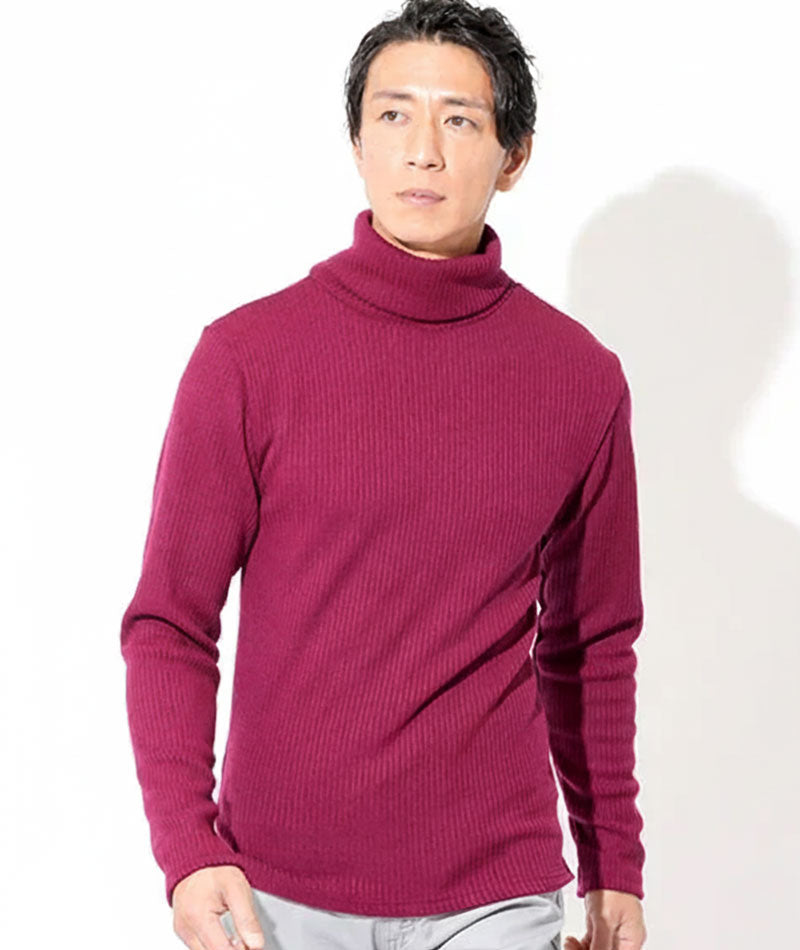 40代メンズ3点コーデセット ネイビーダッフルコート×ワインレッドタートルネックニット×グレーストレッチスリムチノパンツ biz