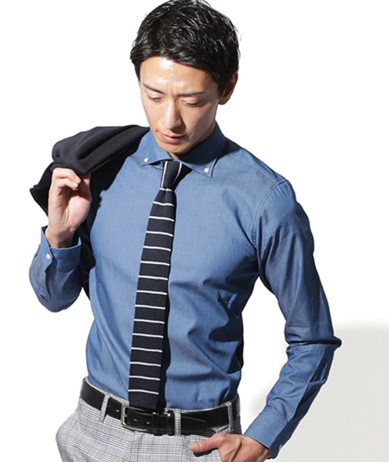 ジャケパン3点コーデセット ネイビーウォッシャブルテーラードジャケット×デニム長袖シャツ×グレーテーパードスラックス biz