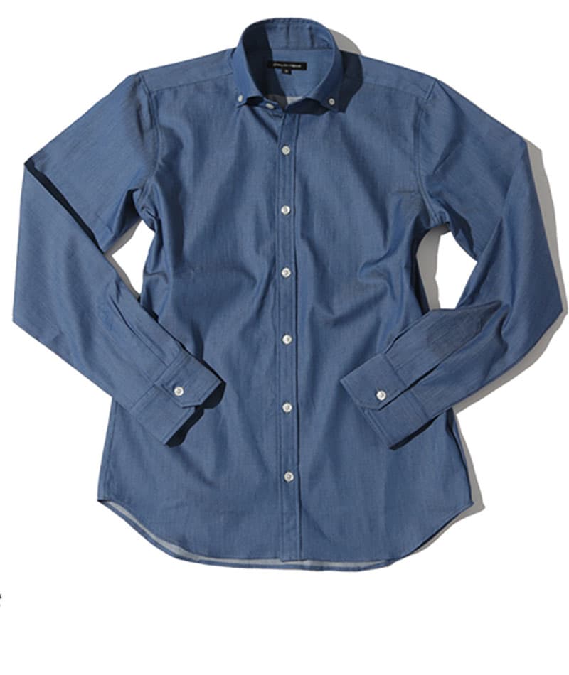 ジャケパン3点コーデセット ネイビーウォッシャブルテーラードジャケット×デニム長袖シャツ×グレーテーパードスラックス biz