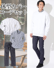 体型カバーメンズ3点コーデセット グレースウェットトレーナー×ギンガムチェック長袖シャツ×ストレッチデニムパンツ biz