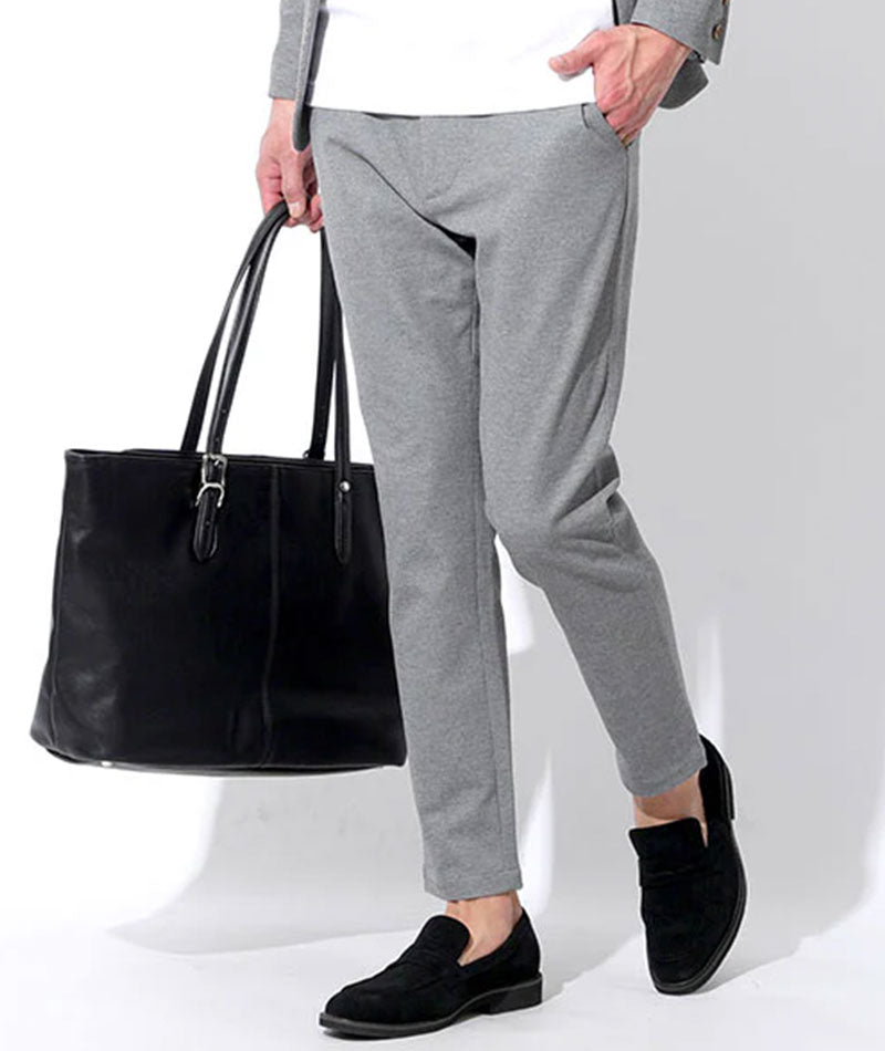 セットアップ3点コーデセット グレーストレッチテーラードジャケット×白長袖カットソー×グレーアンクルパンツ biz