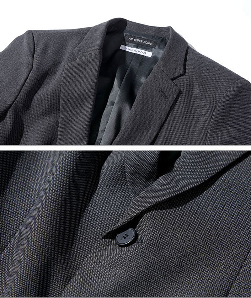 40代メンズ3点コーデセット グレーテーラードジャケット×黒長袖Tシャツ×ベージュストレッチスリムチノパンツ biz