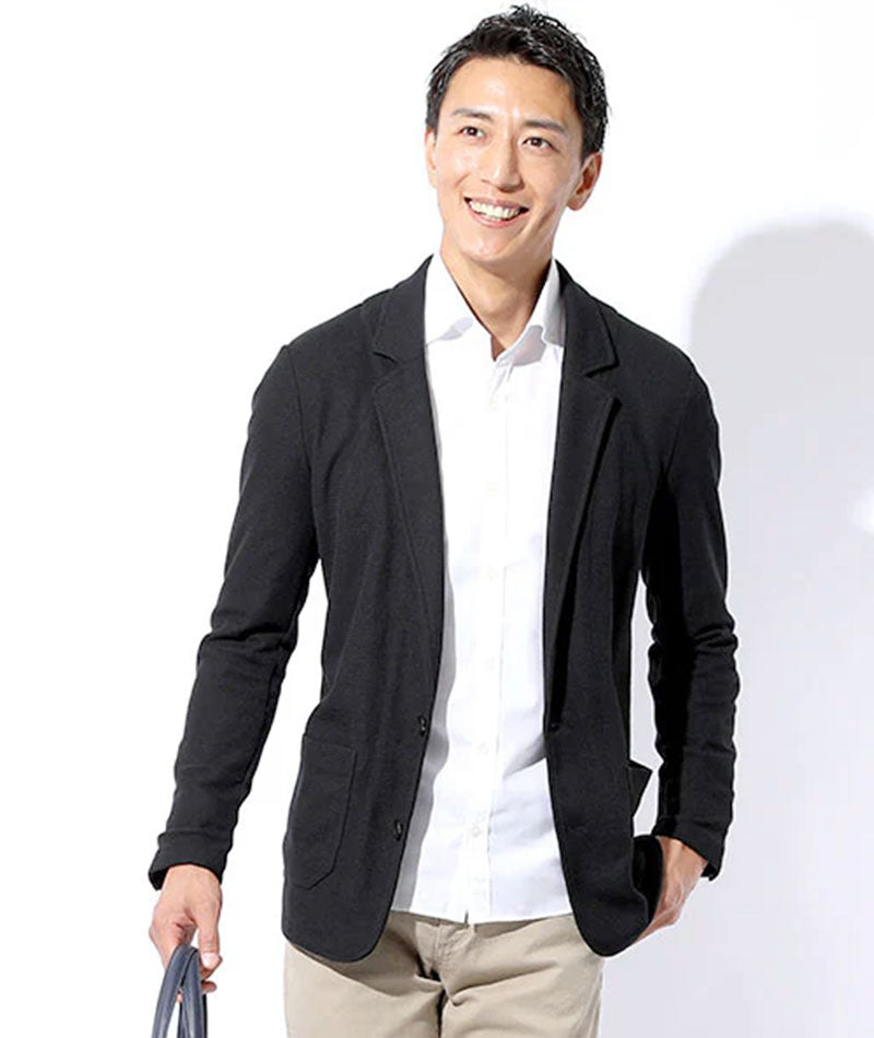 30代メンズ3点コーデセット 黒ニットジャケット×黒長袖Tシャツ×グレーチノパン biz