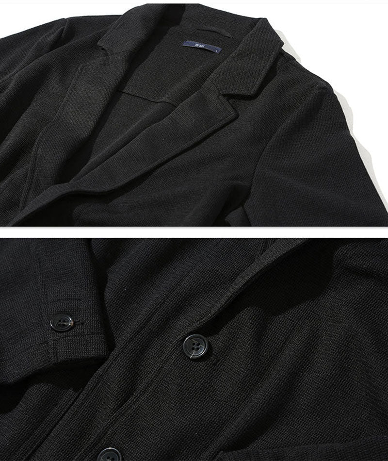 30代メンズ3点コーデセット 黒ニットジャケット×黒長袖Tシャツ×グレーチノパン biz