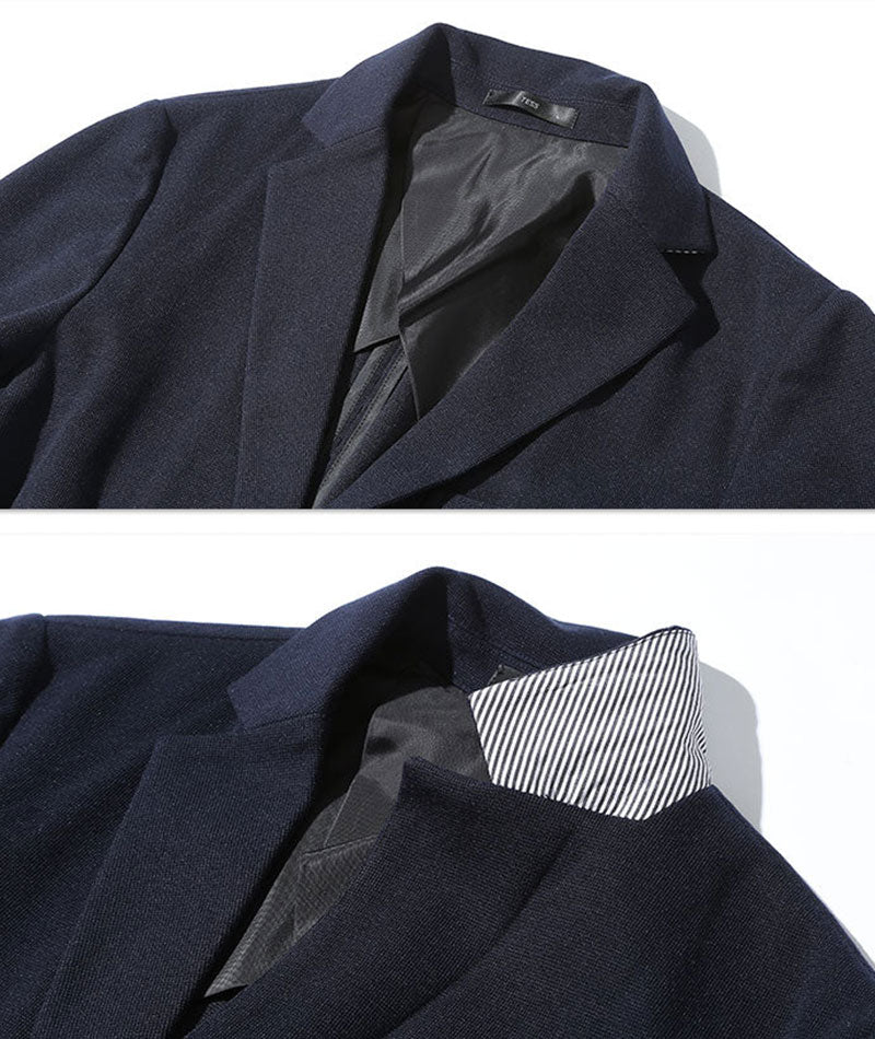 セットアップ3点コーデセット ネイビーストレッチテーラードジャケット×白長袖Tシャツ×ネイビーアンクルパンツ biz