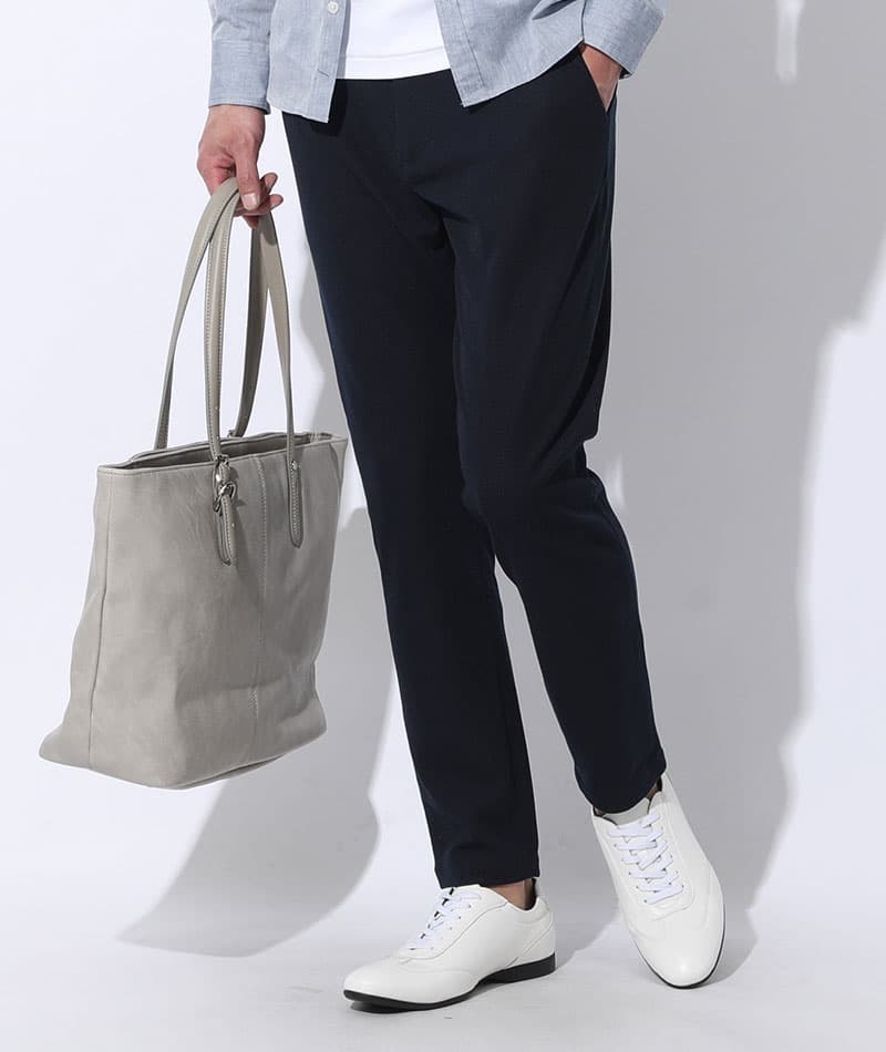 セットアップ3点コーデセット ネイビーストレッチテーラードジャケット×白長袖Tシャツ×ネイビーアンクルパンツ biz