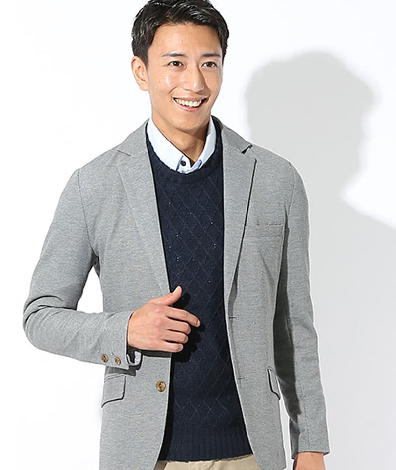 20代メンズ3点コーデセット グレーストレッチジャケット×白長袖Tシャツ×黒スリムパンツ biz