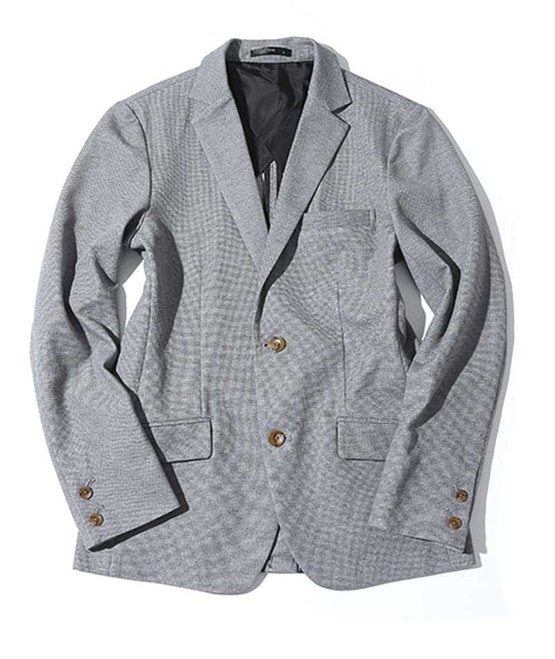 20代メンズ3点コーデセット グレーストレッチジャケット×白長袖Tシャツ×黒スリムパンツ biz