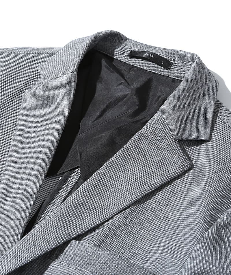 20代メンズ3点コーデセット グレーストレッチジャケット×白長袖Tシャツ×黒スリムパンツ biz