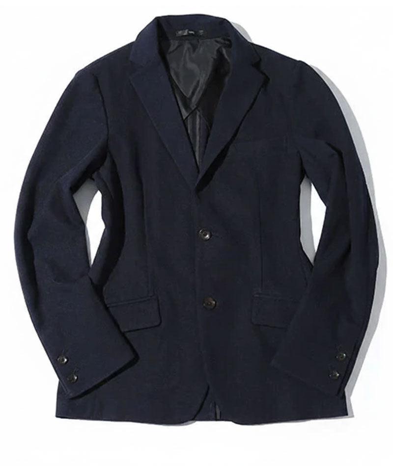 20代メンズ3点コーデセット ネイビーストレッチジャケット×白長袖Tシャツ×ベージュスリムパンツ biz