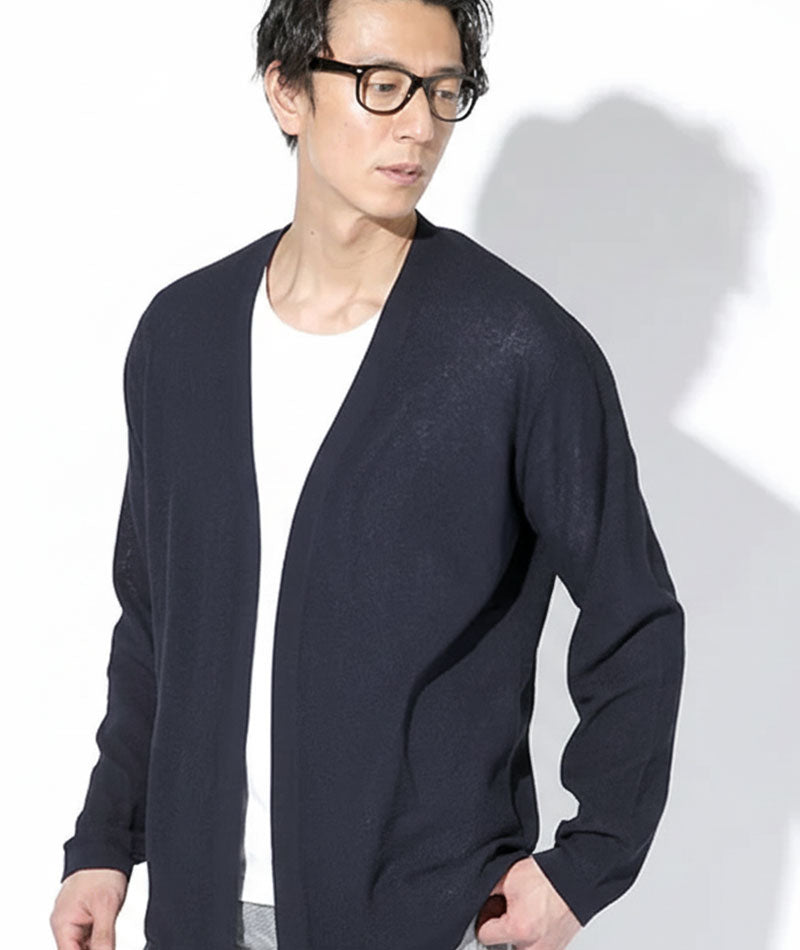 20代メンズ3点コーデセット ネイビーサマーカーディガン×白半袖Tシャツ×ベージュスリムパンツ biz