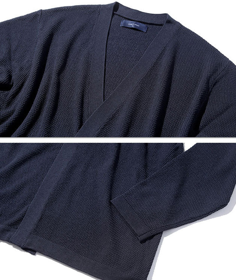 20代メンズ3点コーデセット ネイビーサマーカーディガン×白半袖Tシャツ×ベージュスリムパンツ biz