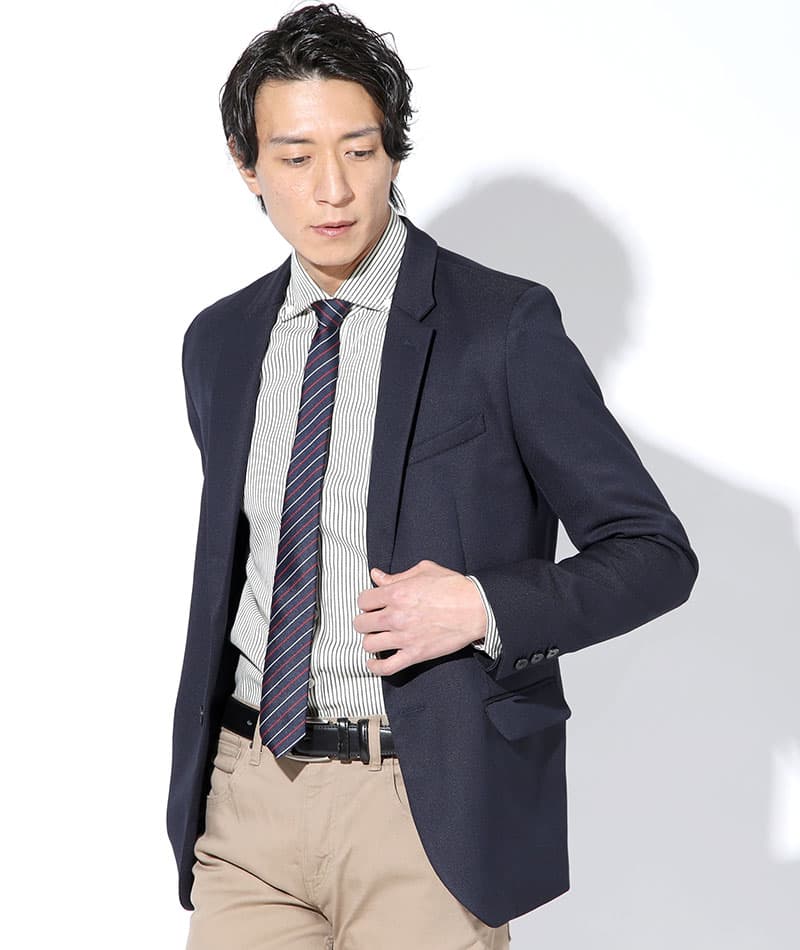 ジャケパン3点コーデセット ネイビーテーラードジャケット×ギンガムチェックシャツ×ベージュチノパン 日本製 biz