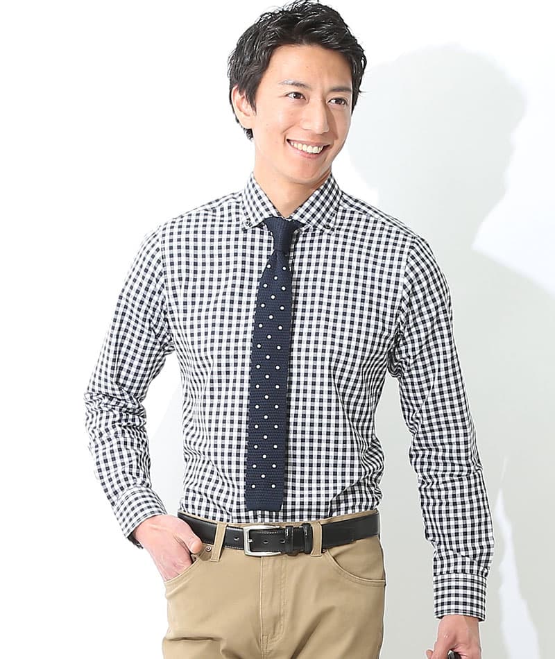 ジャケパン3点コーデセット ネイビーテーラードジャケット×ギンガムチェックシャツ×ベージュチノパン 日本製 biz