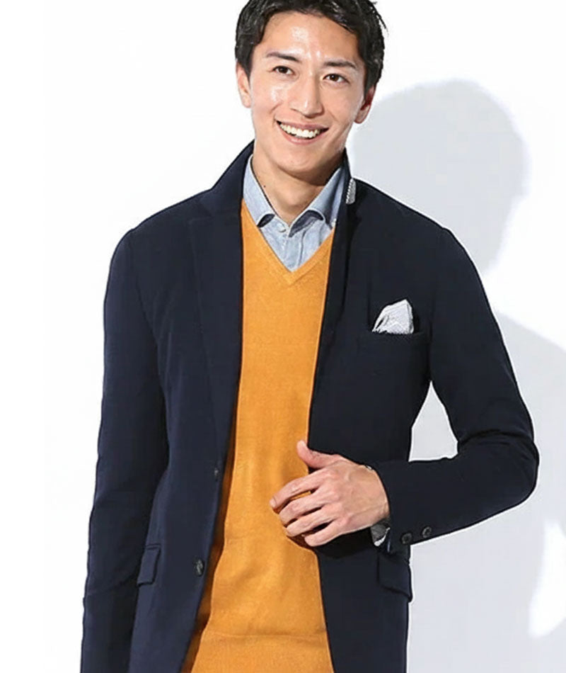 体型カバー・ストレッチ3点コーデセット ネイビーストレッチジャケット×白長袖Tシャツ×黒ストレッチチノパン biz