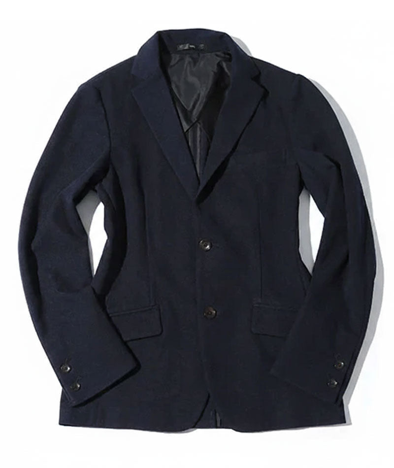 体型カバー・ストレッチ3点コーデセット ネイビーストレッチジャケット×白長袖Tシャツ×黒ストレッチチノパン biz