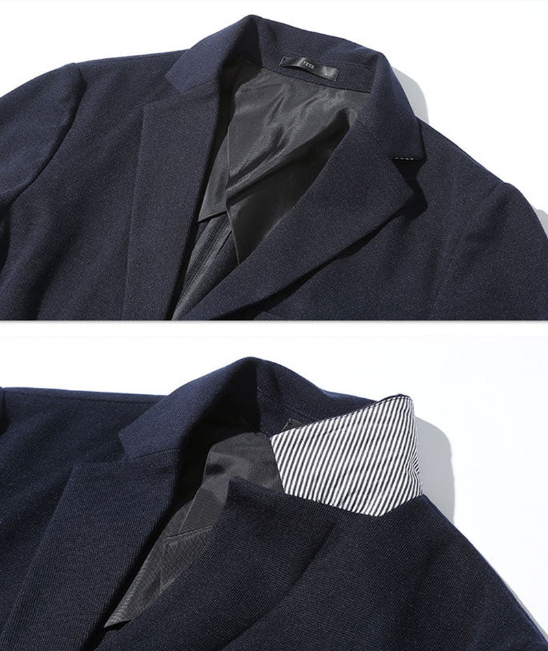体型カバー・ストレッチ3点コーデセット ネイビーストレッチジャケット×白長袖Tシャツ×黒ストレッチチノパン biz