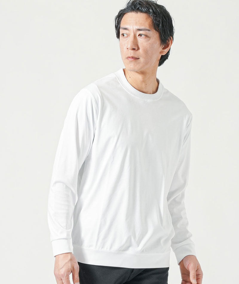 体型カバー・ストレッチ3点コーデセット ネイビーストレッチジャケット×白長袖Tシャツ×黒ストレッチチノパン biz