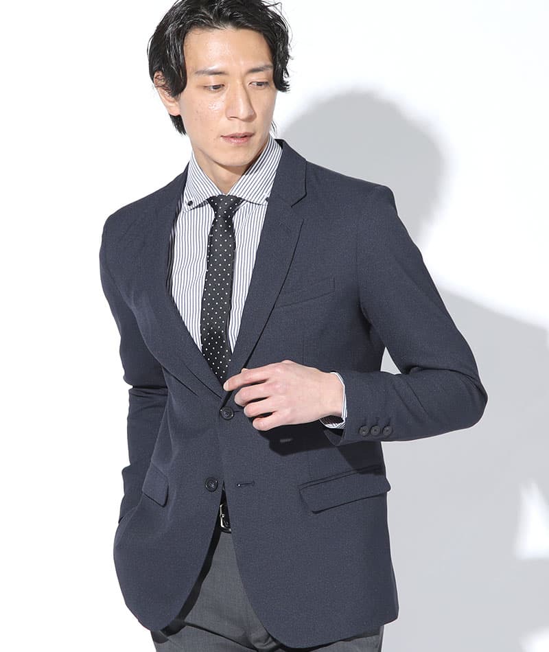 ジャケット×襟シャツ2枚メンズ3点トップスコーデセット ネイビーテーラードジャケット×ライトインディゴデニムシャツ×黒ストライプデニムシャツ biz