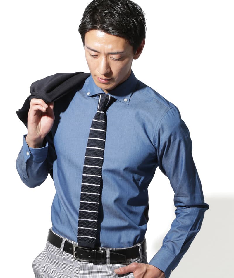 ジャケット×襟シャツ2枚メンズ3点トップスコーデセット ネイビーテーラードジャケット×ライトインディゴデニムシャツ×黒ストライプデニムシャツ biz