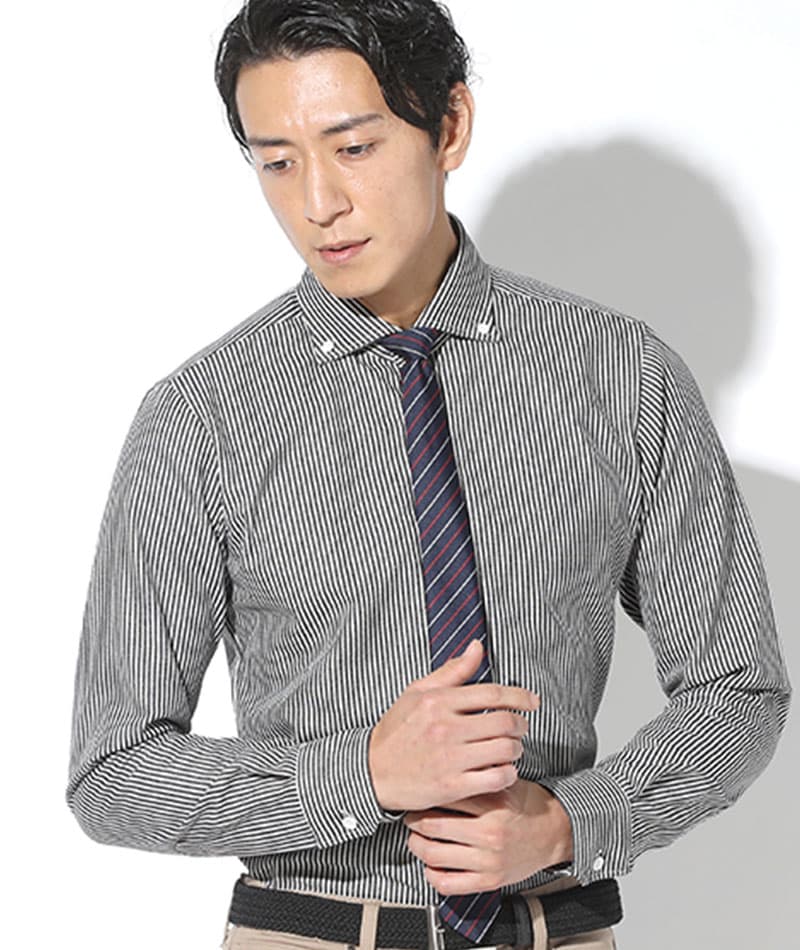 ジャケット×襟シャツ2枚メンズ3点トップスコーデセット ネイビーテーラードジャケット×ライトインディゴデニムシャツ×黒ストライプデニムシャツ biz