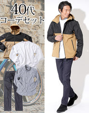 40代メンズ4点コーデセット ベージュマウンテンパーカー×ライトグレースウェットトレーナー×黒チェックシャツ×スリムストレッチデニムパンツ