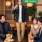 忘年会の服装40代50代3点メンズコーデセット  ネイビーテーラードジャケット×白タートルニット×ベージュスキニーパンツ