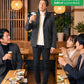 忘年会の服装40代50代3点メンズコーデセット  ブラックイタリアンカラージャケット×ホワイトタートルネックニット×黒スキニーテーパードパンツ