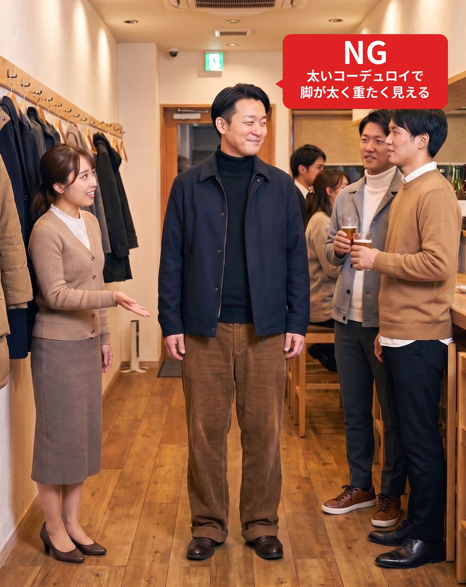 NGコーデ・よくある失敗例　太めのコーデュロイパンツで居酒屋の忘年会に行った状態（NGマーク付き）