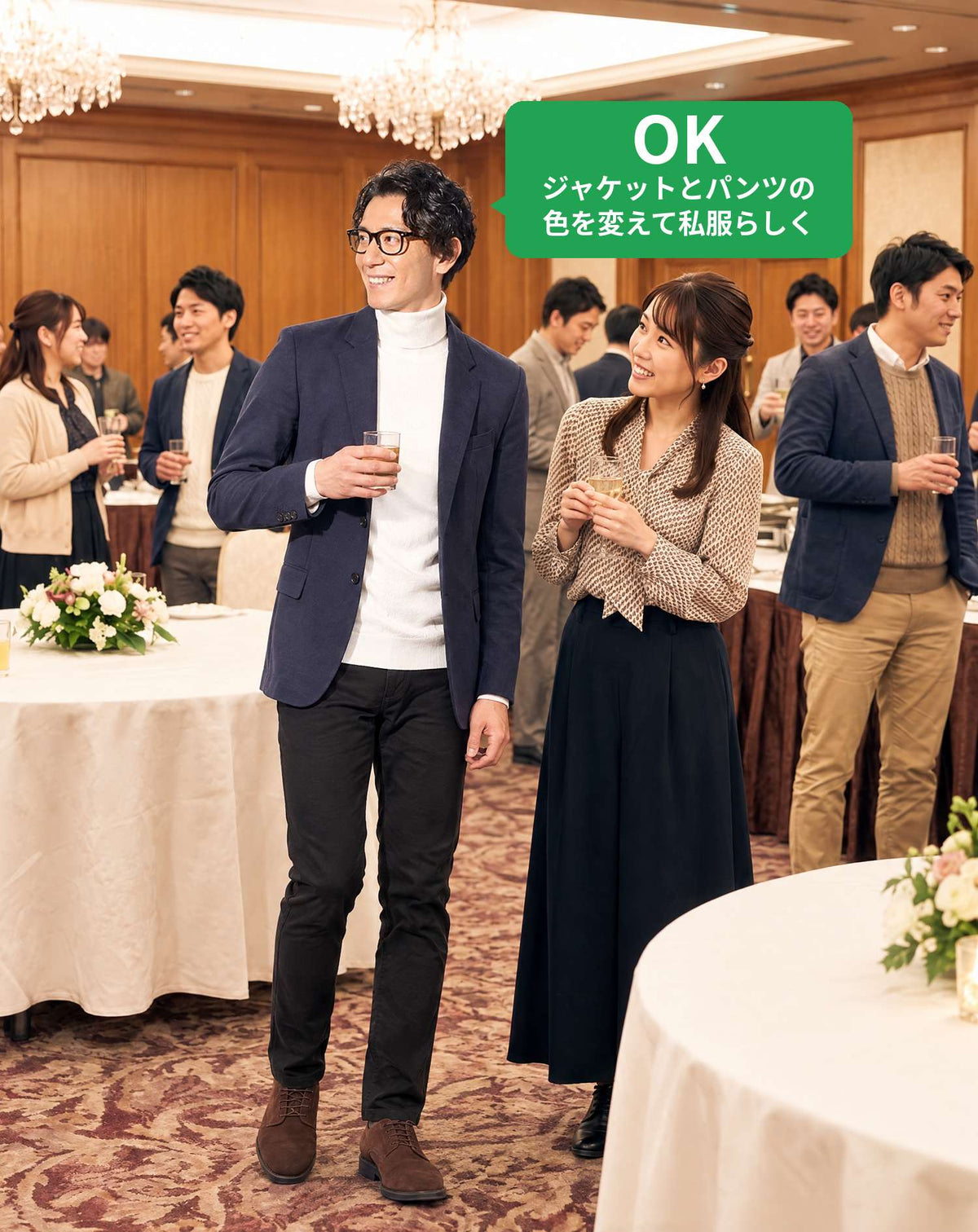 忘年会ホテル会場の服装40代50代3点メンズコーデセット  ネイビーテーラードジャケット×白タートルネックニット×スリム黒パンツ