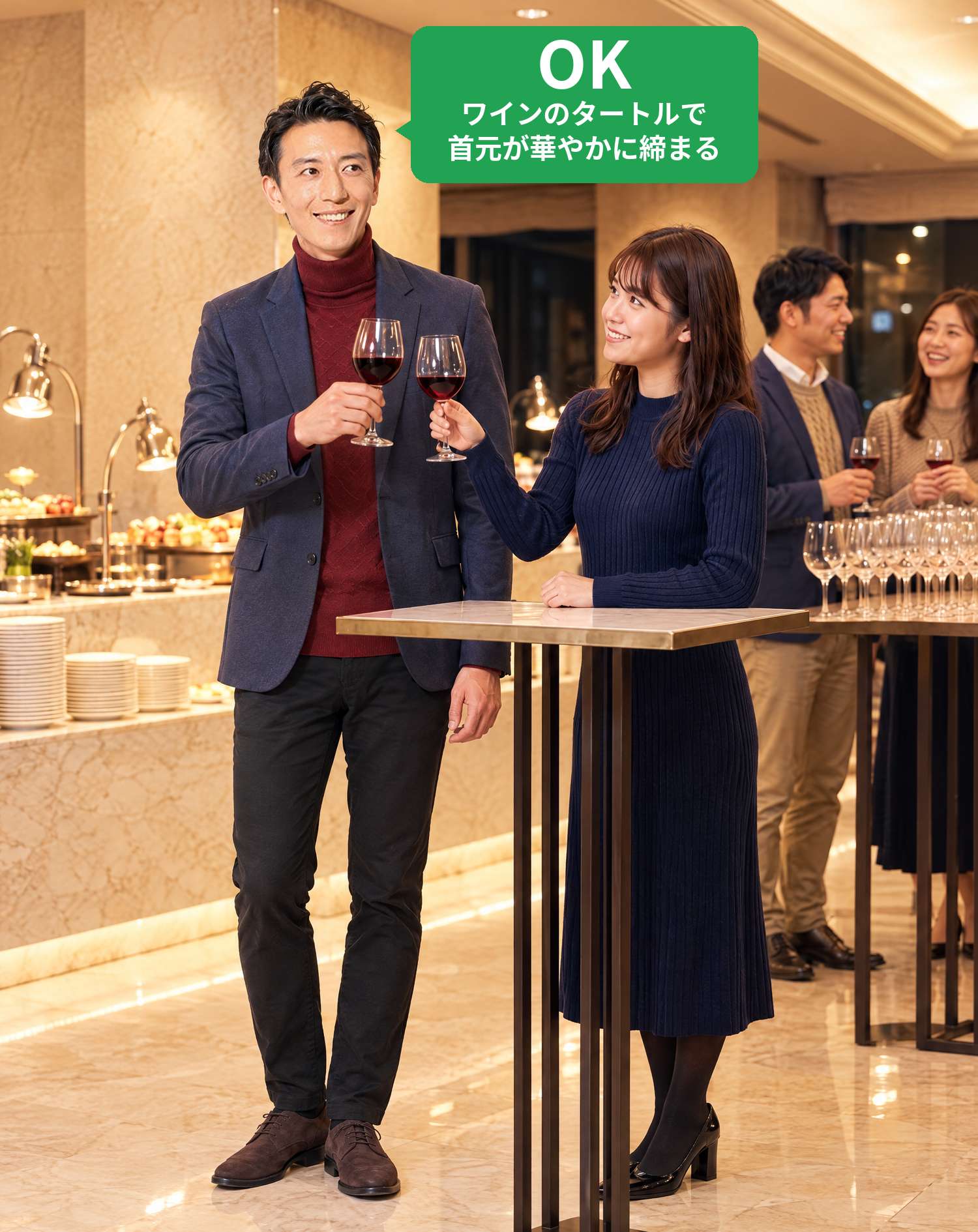 OKコーデ　ホテルの宴会場の立食テーブルで、部下や同僚とワインで乾杯するシーン（OKマーク付き）