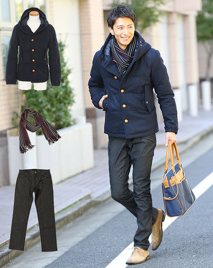 メンズ冬服全身3点コーデセット　ネイビーダウンジャケット×マフラー×パンツの３点コーデセット　20