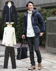 ☆コーデセット☆ネイビー中綿ダウンジャケット×白タートルネックニット×パンツの３点コーデセット　25