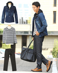 デニムジャケット×グレーニットソー×黒パンツ3点セット