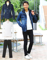 デニムジャケット×白Tシャツ×黒パンツ3点セット