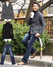 ☆ジャケットセット☆グレーツイードジャケット×黒ニット×紺デニムパンツ3点コーデセット